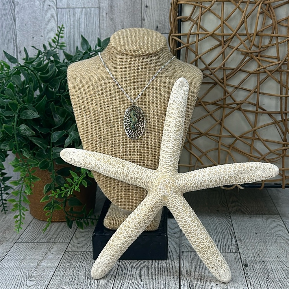 UP SCALE TIME- Silver & Antique Gold Tone Seahorse Necklace 18” Chain